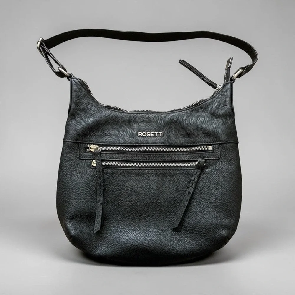 Rosetti Black Pebbled Shoulder Bag Medium Zip Closure Inner/Outer Pockets Strap